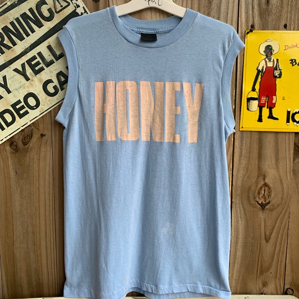 Vtg 80s Honey Tank top Size L runs smaller single stitch thin and soft fabric